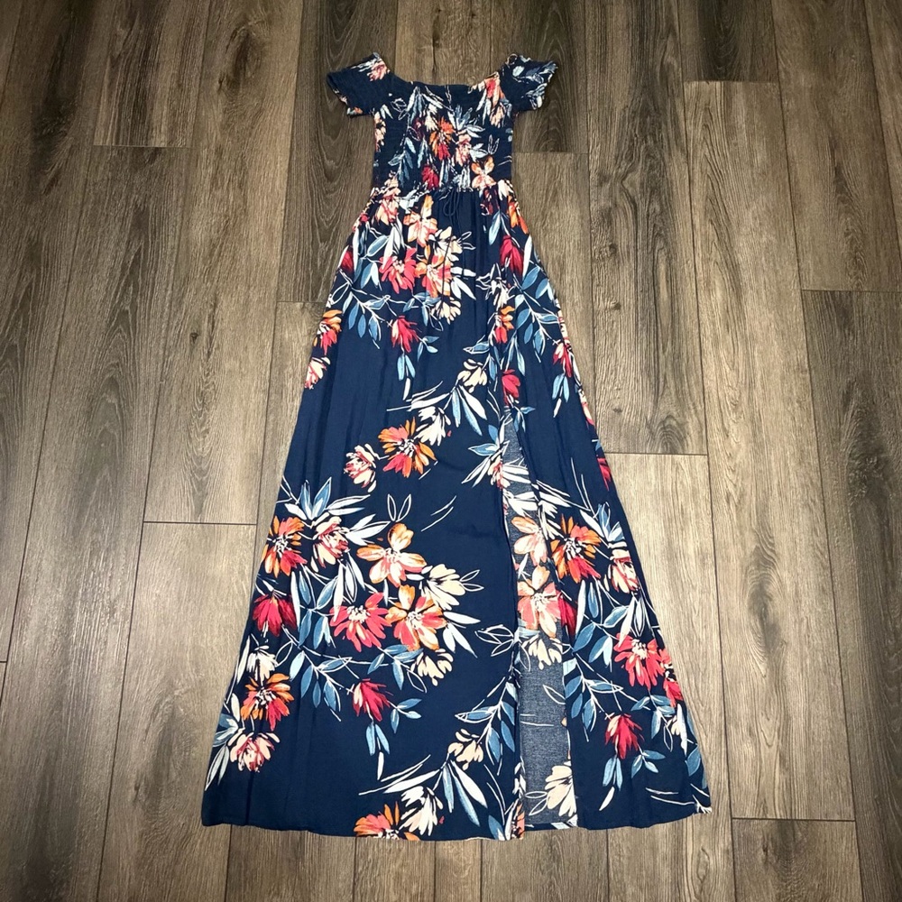 Band of Gypsies Boho Floral Off The Shoulder Smocked Maxi Dress Navy XS Summer - Picture 6 of 14